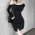 slanted shoulders long-sleeved hollowed out waist slit sheath dress NSGWY117410