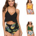 solid color stitching top printed high waist thin belt briefs swimwear set NSVNS117421