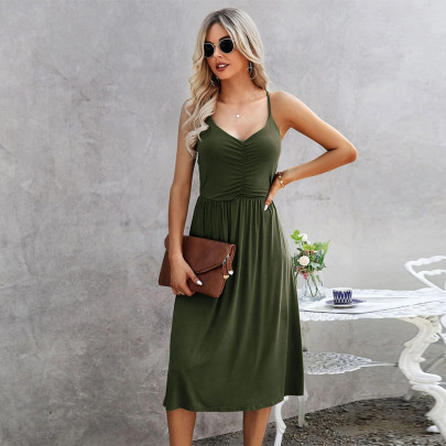 Solid Color Low Cut Pleated Slip Dress NSYSQ117441