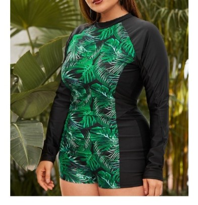 Plus Size Printed Long-sleeved One-piece Swimsuit NSVNS117431