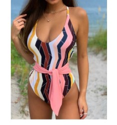 Low-cut Printed Thin Belt One-piece Swimsuit NSVNS117427