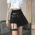 diablo style leather buckle stitching high waist black pleated short skirt NSGWY117491