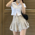 summer lace edge pleated high waist khaki short skirt NSGWY117494