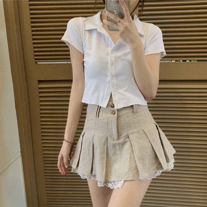 Summer Lace Edge Pleated High Waist Khaki Short Skirt NSGWY117494