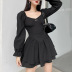 black square collar bubble long-sleeved girdling double-layer short dress  NSGWY117495