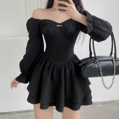 Black Square Collar Bubble Long-sleeved Girdling Double-layer Short Dress  NSGWY117495