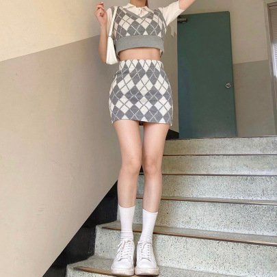 American Retro College Style Rhombus Sleeveless Knitted Vest And Skirt Two-piece Set  NSGWY117497