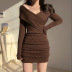  solid color off-shoulder long-sleeved  V-neck package hip short knitted dress NSGWY117499