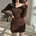  solid color off-shoulder long-sleeved  V-neck package hip short knitted dress NSGWY117499