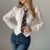 college style contrast color knitted vest dress and striped tie long-sleeved shirt two-piece set  NSGWY117500
