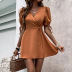 vestido corto de viajero con cordones y cuello en V naranja casual de primavera NSYSQ117515