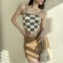slim Checkerboard Abdominal Triangle Hem Sling Top NSXDX117547