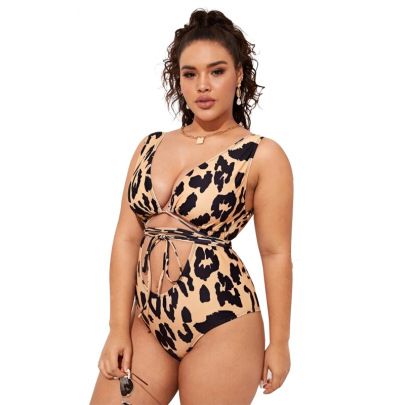 Plus Size Hollow Backless Lace-up Leopard Print One-piece Swimsuit NSVNS117560