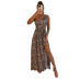 summer sleeveless slanted shoulder leopard print waist-girding slit long dress NSJLL117647