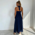 dark blue sleeveless slit halterneck  lace-up hollow dress NSJLL117654