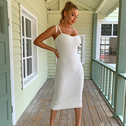 White Wrapped Chest Knitted Sling Dress  NSJLL117656