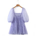 puffy sleeve low-cut lace-up plaid mesh dress NSXFL117693