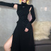 embroidered high neck hollowed long sleeve slit solid color dress NSSS117736