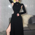 embroidered high neck hollowed long sleeve slit solid color dress NSSS117736