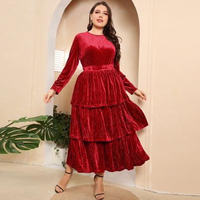 Plus Size Solid Color Round Neck Long Sleeve Pleated Layered Dress NSWCJ117759