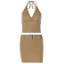 V-neck lace-up backless slim solid color top and skirt set NSHTL117785