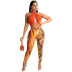 halter straps hollow solid color top contrasting printed trousers set NSNJD117796