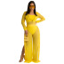 Solid Color long-sleeved square neck Perspective Wide Leg Pants three-piece Set  NSMYF117802