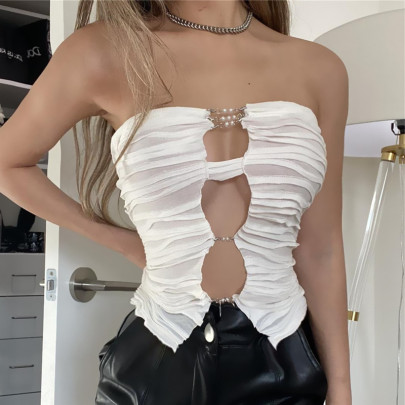 Summer Sexy Perspective One-word Tube Top Backless Hollow Pleated Vest NSBJD117818