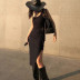 black sleeveless irregular hollow waist-girding slit sling dress NSBJD117819