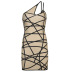 Line printing sleeveless single-shoulder double sling package hip short tight dress  NSKAJ117828