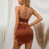 summer solid color satin pleated backless slit tight package hip sling dress  NSHT117848