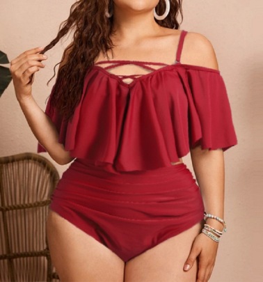 Plus Size One-shoulder Sling Solid Color Tankini Two-piece Set NSVNS117884