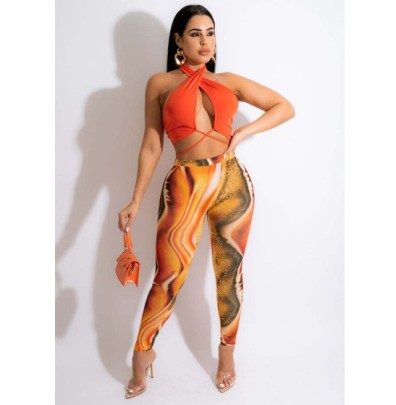 Halter Straps Hollow Solid Color Top Contrasting Printed Trousers Set NSNJD117796