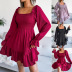 solid color square-neck trumpet sleeve ruffled swing dress NSBJ117943