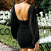 V-neck long-sleeved backless slim solid color gauze dress NSFD117945