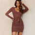 U-neck long-sleeved tight lace-up solid color dress NSFD117948