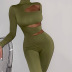 Semi-turtleneck tight long-sleeved hollow solid color jumpsuit NSFD117950