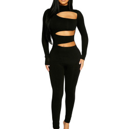Semi-turtleneck Tight Long-sleeved Hollow Solid Color Jumpsuit NSFD117950