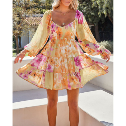 Chiffon Long-sleeved Pleated Layered Dress NSOYL117971