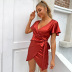 high-waisted lace-up low-cut short sleeve solid color dress NSJLL117999