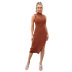 high neck sleeveless slit slim solid color knitted dress NSJLL118002