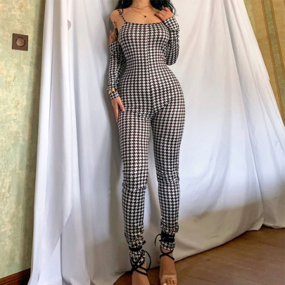 Backless Sling Long-sleeved Tight Houndstooth Print Jumpsuit NSJYF118062