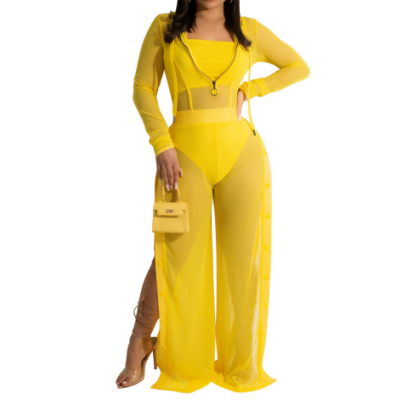 Solid Color Long-sleeved Square Neck Perspective Wide Leg Pants Three-piece Set  NSMYF117802