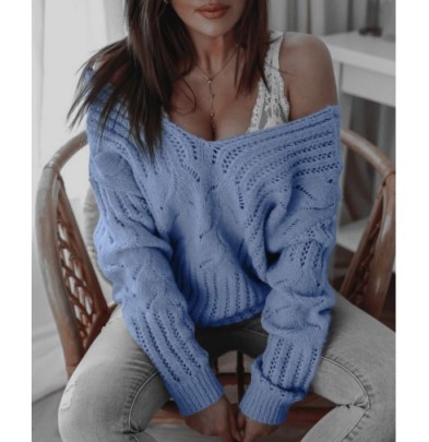 Solid Color V-Neck Double-Sided Off-Shoulder Sweater NSJXW106468
