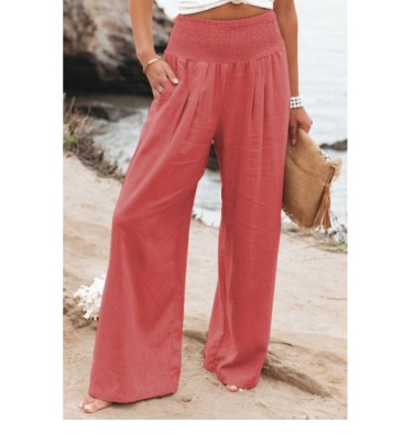 Elastic High Waist Wide-leg Solid Color Cotton And Linen Pants NSJRM117779