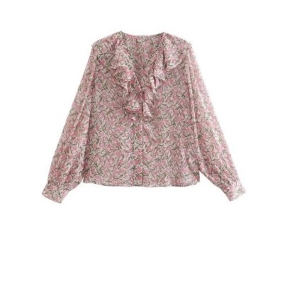 Long-sleeved V Neck Ruffle Floral Shirt NSXFL117698