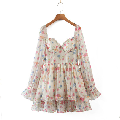 Floral Printed Long-sleeved Word-neck Layered Short Dress NSLQS123536