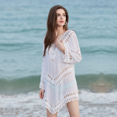 Long Sleeve Loose Hollow Solid Color Beach Outdoor Cover-up NSFH123959