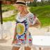 print round neck short sleeve loose hollow beach cover-up NSFH123971