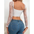 long-sleeved low-cut backless solid color lace perspective top NSFH123987